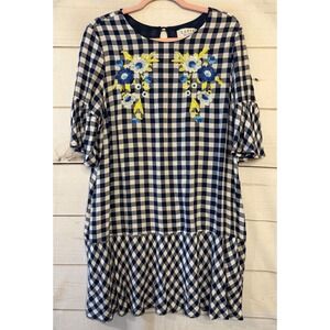 LABEL by twelve Gingham Embroidered Ruffle Dress Navy White Women's Size 10